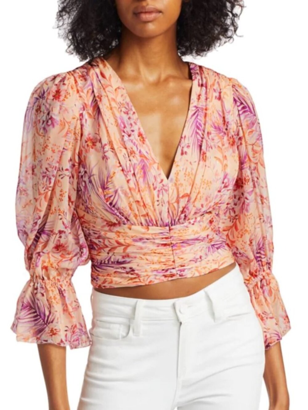 AMUR NWT Gitana 100% Silk Cropped Top in Cantaloupe Rosa Floral size Medium